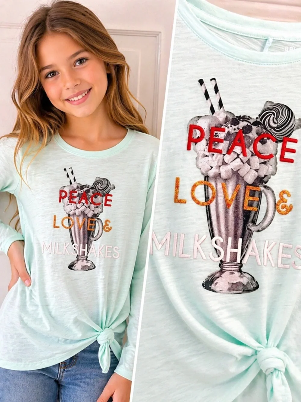 EPIC THREADS Girls Mint Green Tunic Tee Peace Love Milkshakes Long Sleeve Top M